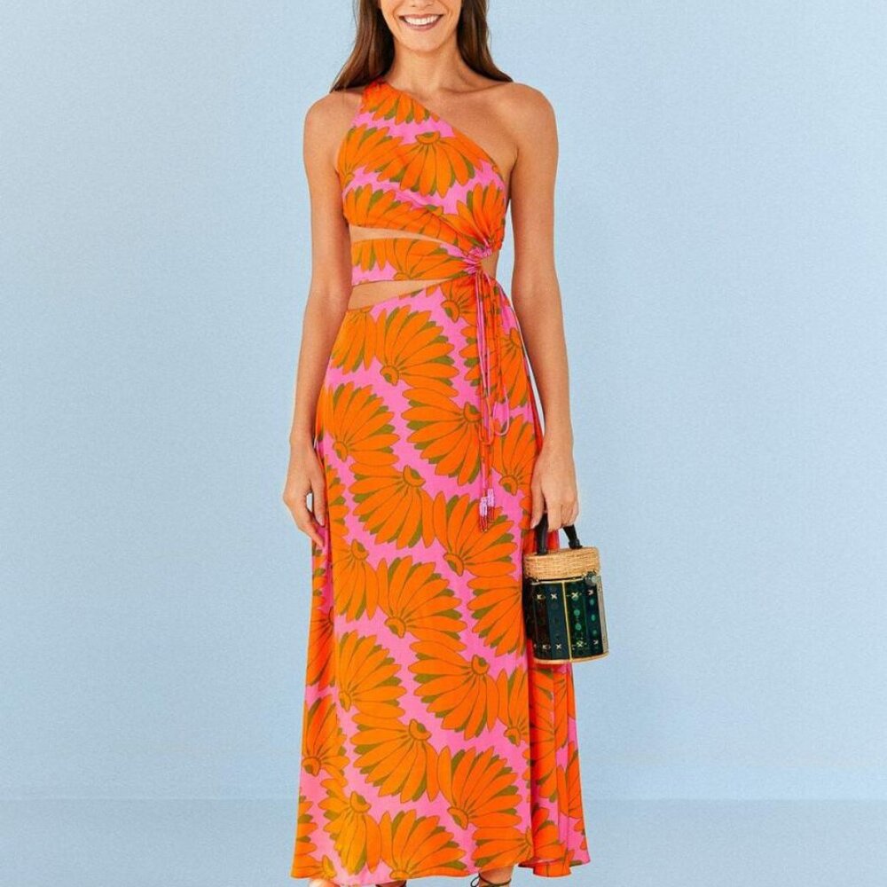 Farm Rio Copacabana Orange & Pink Floral Cut-out Dress Extra-Small
